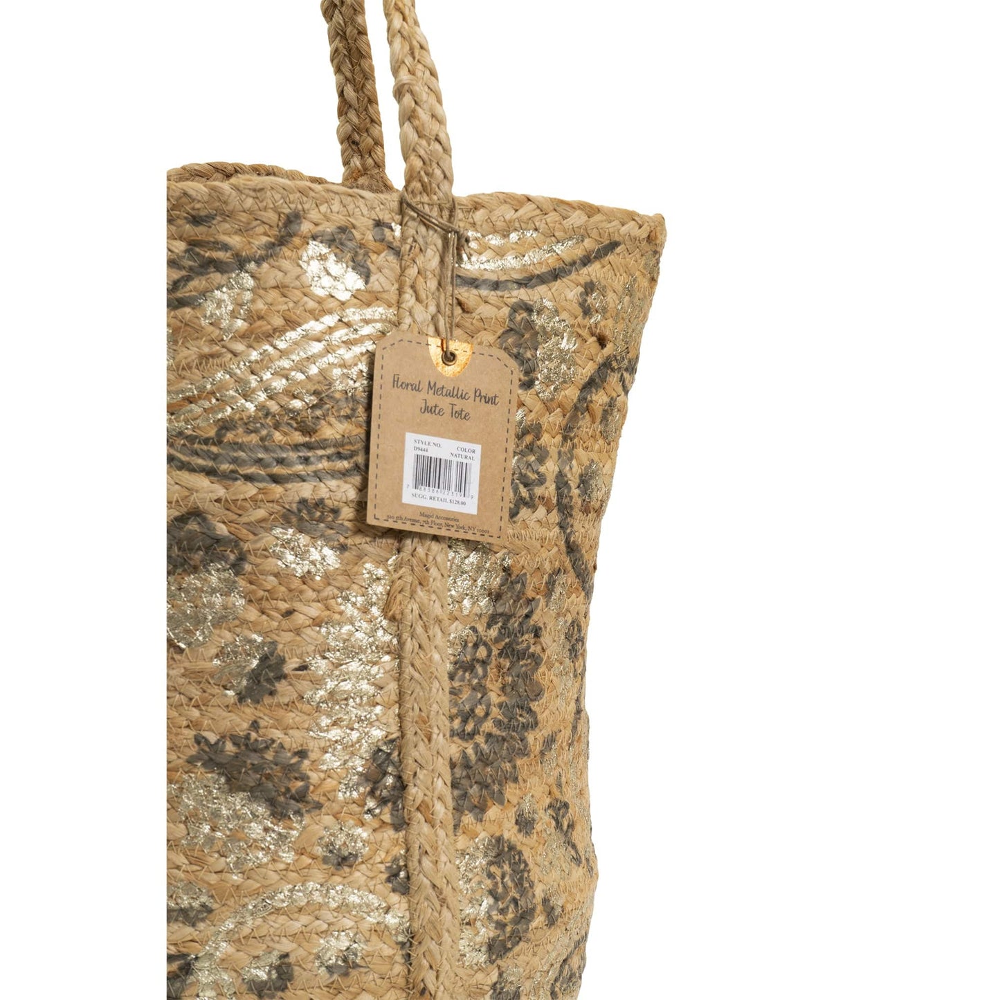 Magid Metallic Floral Print Natural Straw Jute Tote