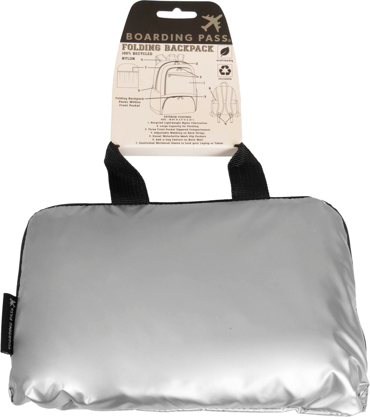 Boarding Pass Recycled Metallic Foldable & Packable Pouch Multi Compartment Backpack