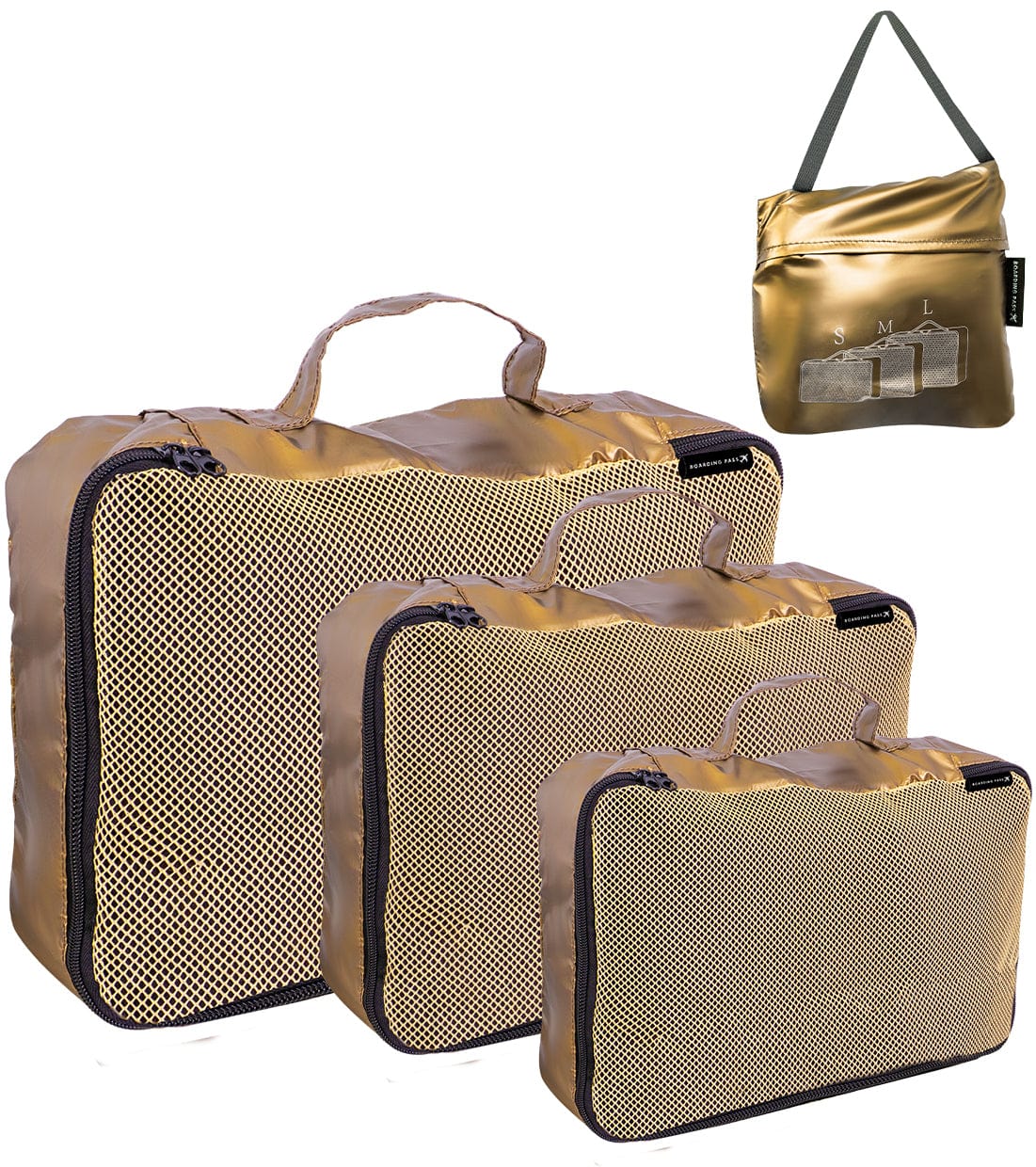 Boarding Pass Recycled Metallic Foldable & Packable Pouch Packing Cubes Set