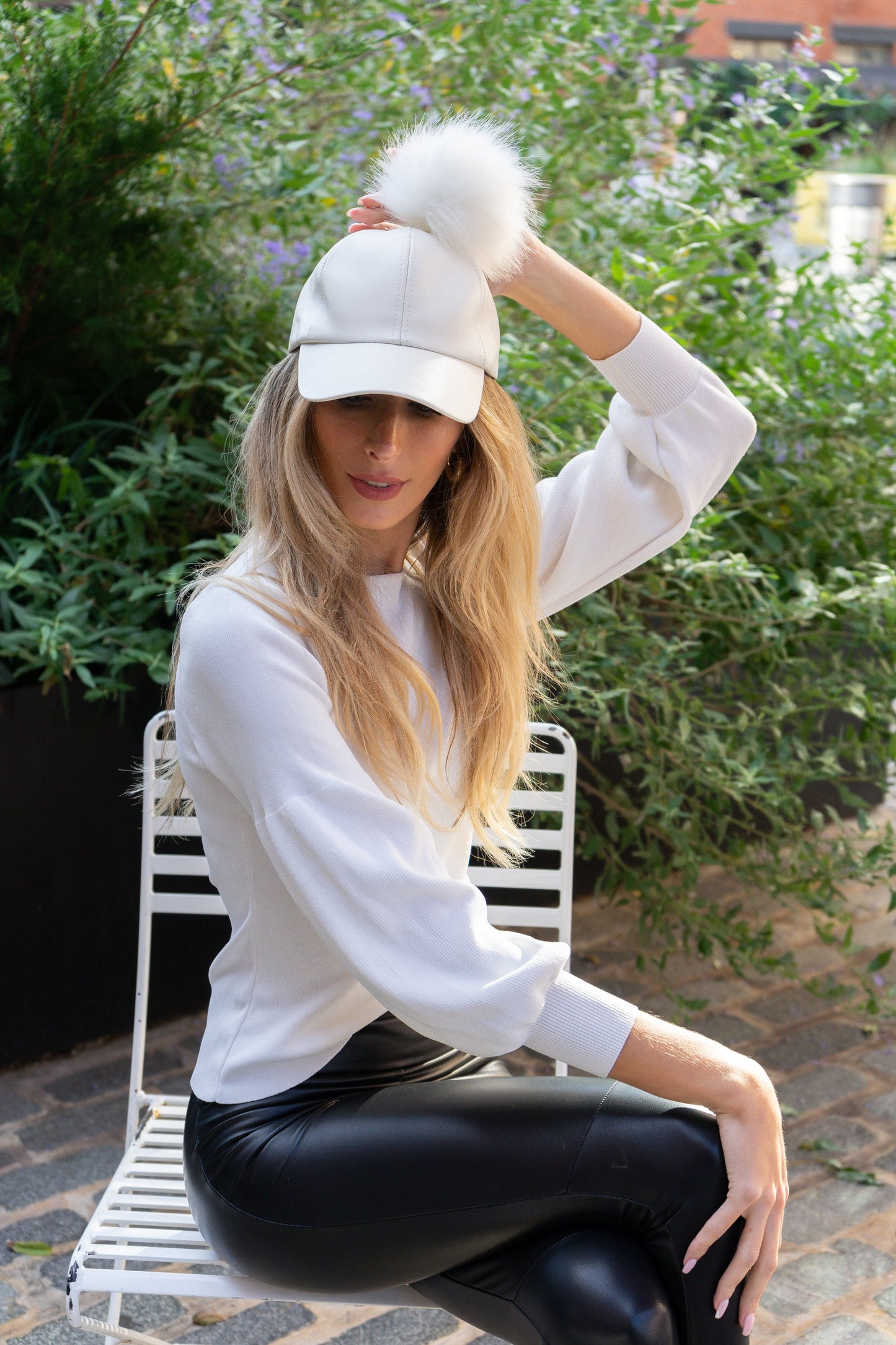 Magid Faux Leather & Fur Pom Pom Baseball Cap