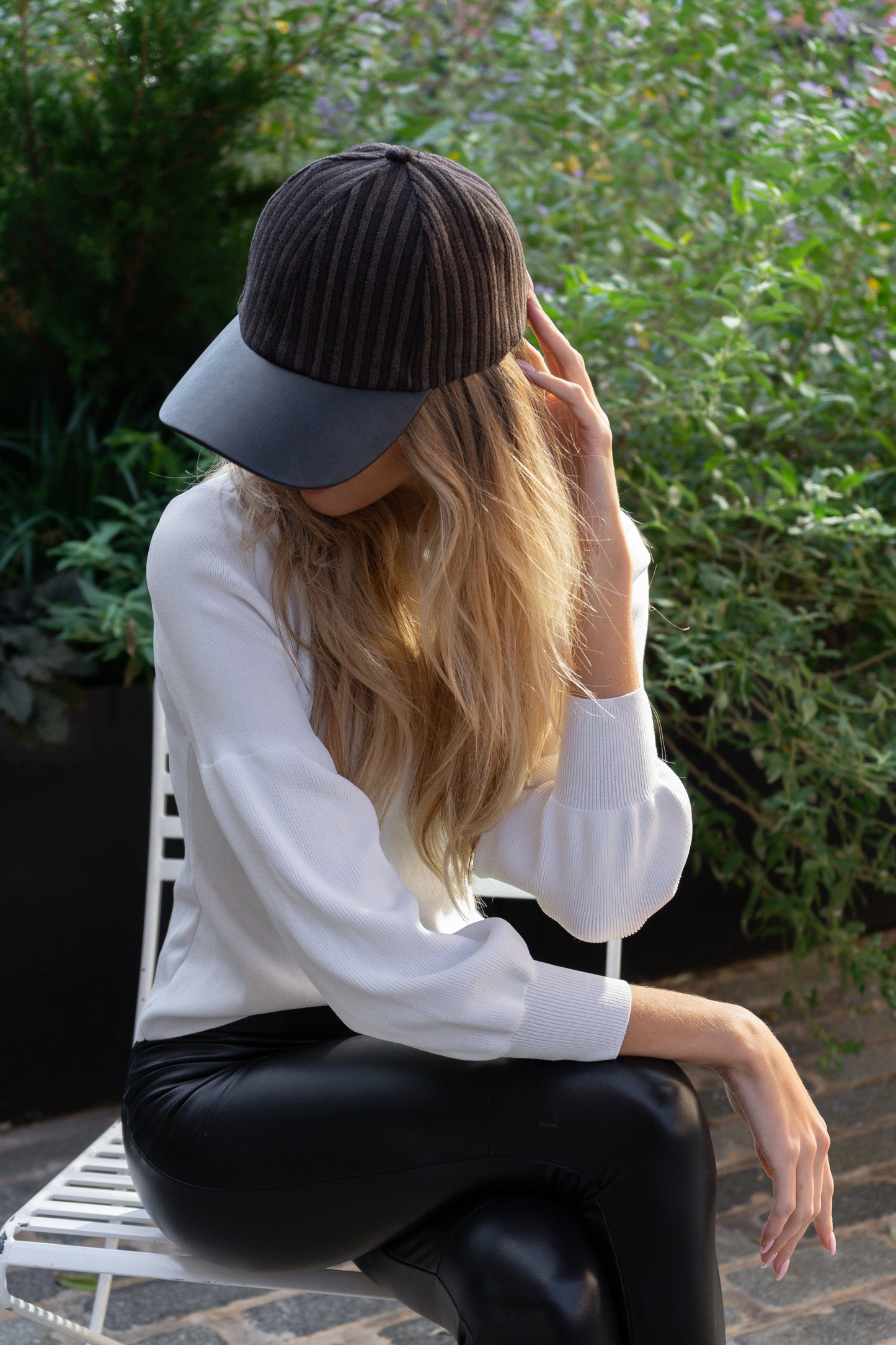 Magid Striped Felt Faux Leather Brim Baseball Cap