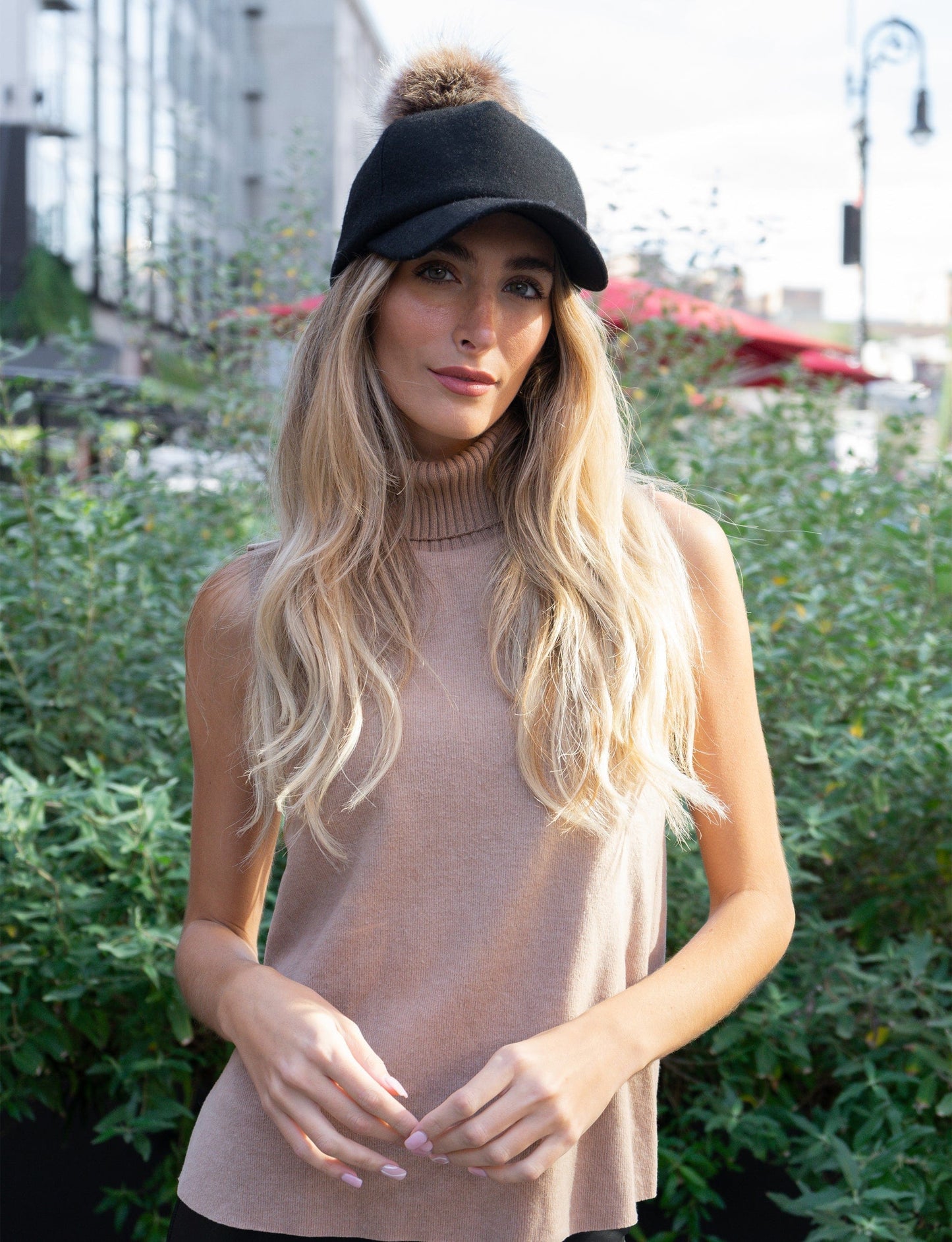 Magid Faux Fur Pom Pom Baseball Cap