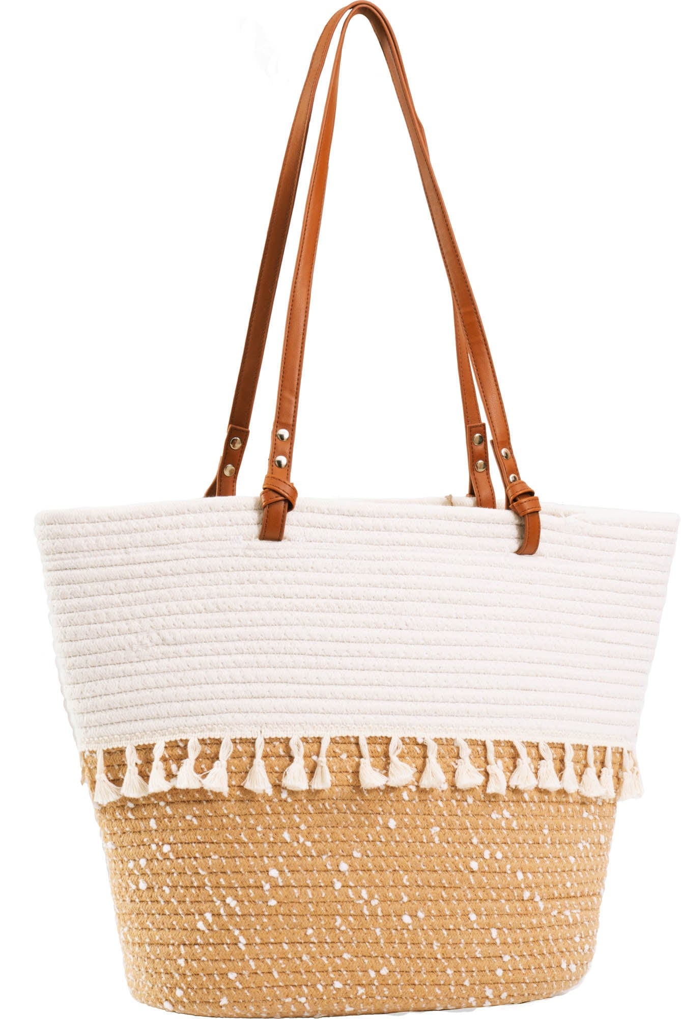 Magid Natural Cotton Woven & Faux Leather Fringe Shoulder Tote