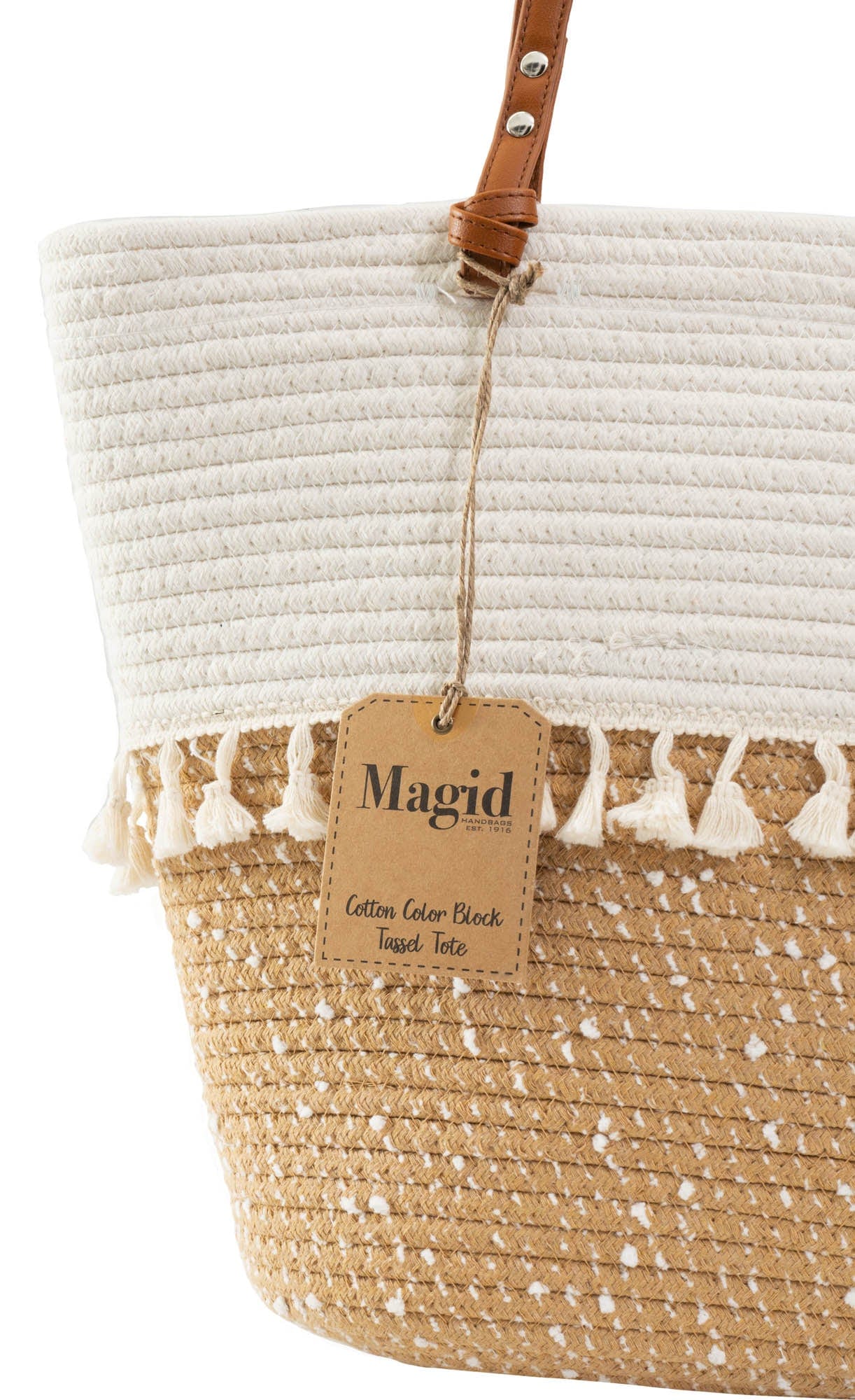 Magid Natural Cotton Woven & Faux Leather Fringe Shoulder Tote