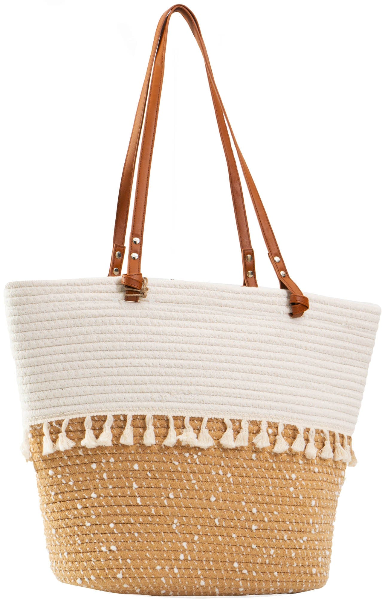 Magid Natural Cotton Woven & Faux Leather Fringe Shoulder Tote