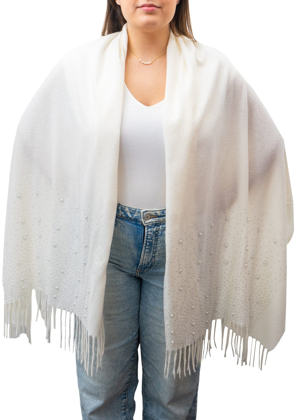 Jessica McClintock Pearl-Embellished Brushed Scarf with Rhinestone Accents and Fringe Edges