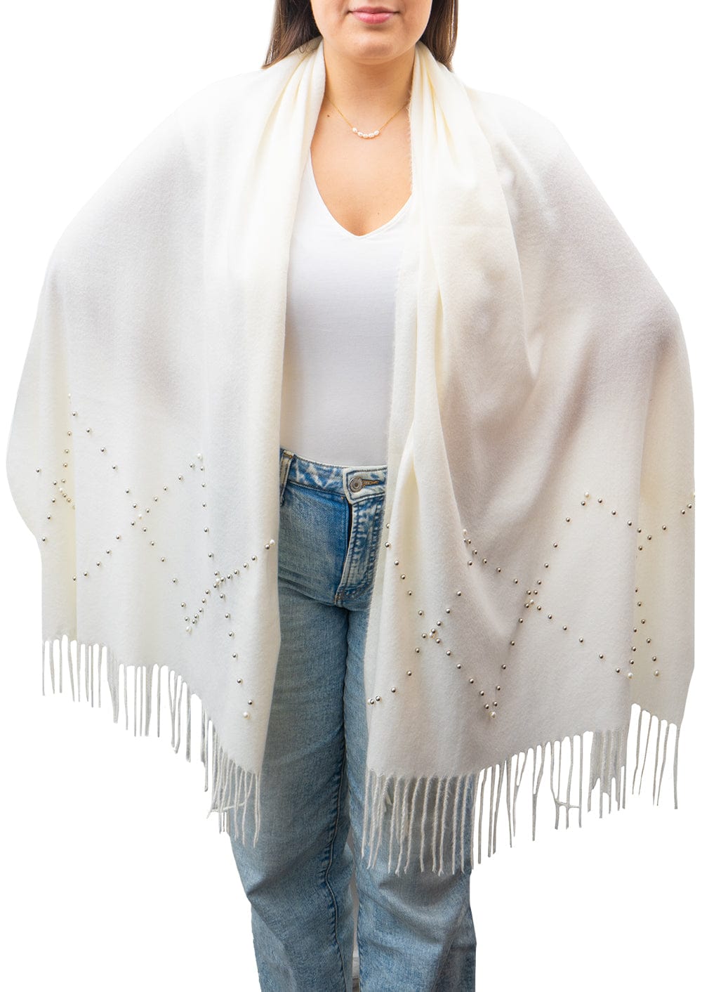 Jessica McClintock Pearl-Embellished Brushed Scarf with Fringe Edges