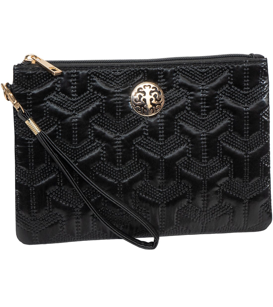 Rebecca & Rifka Patent Geometric Quilt Medallion Zip Wristlet