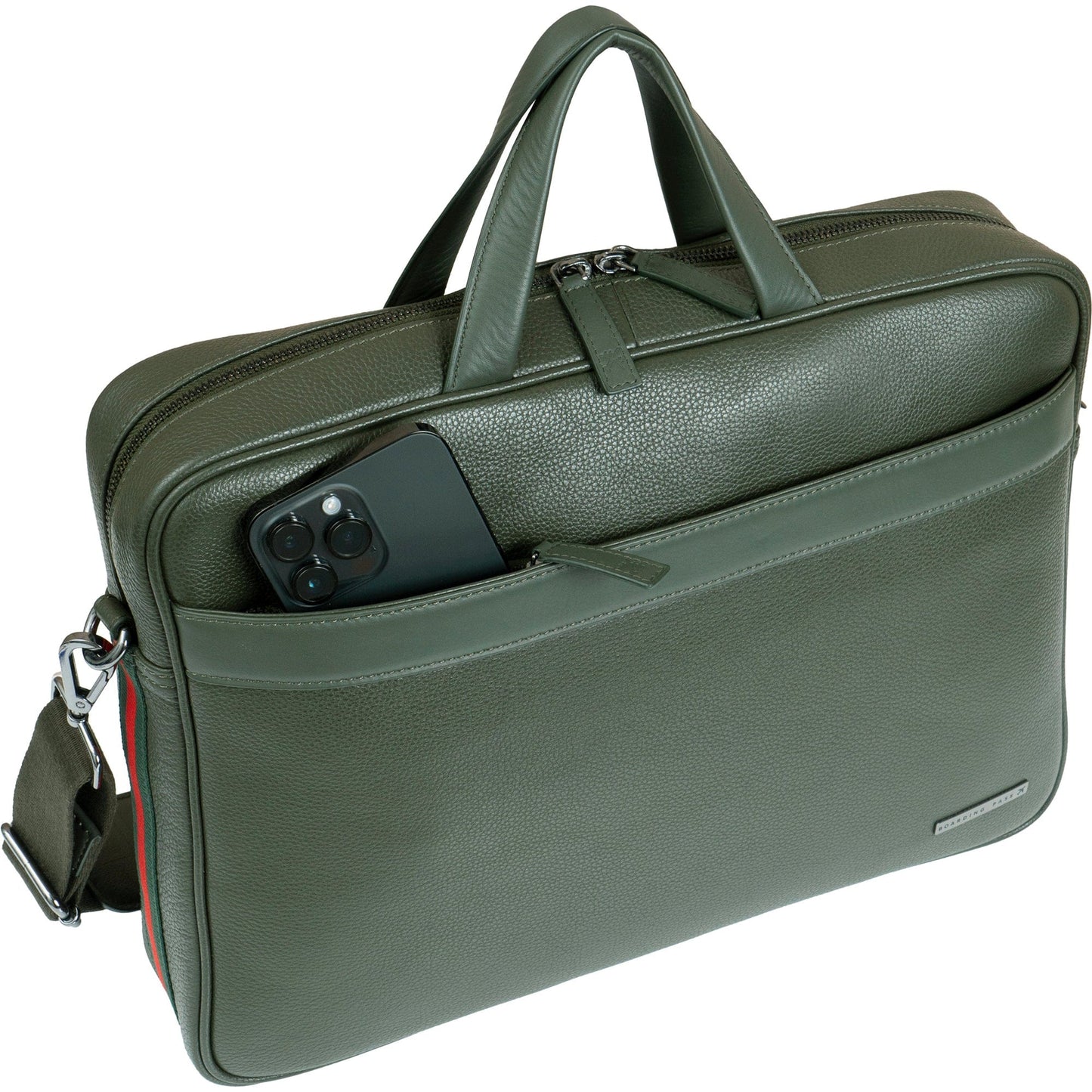 Boarding Pass Hey Handsome 18" Pebble Grain Genuine Leather Briefcase - Olive
