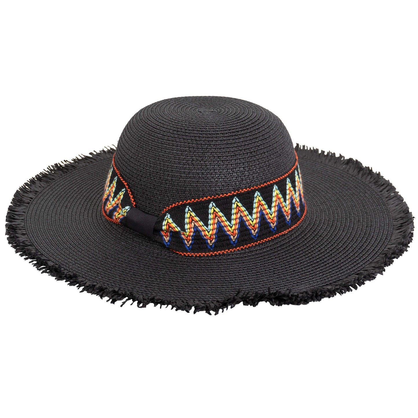 Magid Printed Ribbon & Frayed Brim Straw Floppy Hat