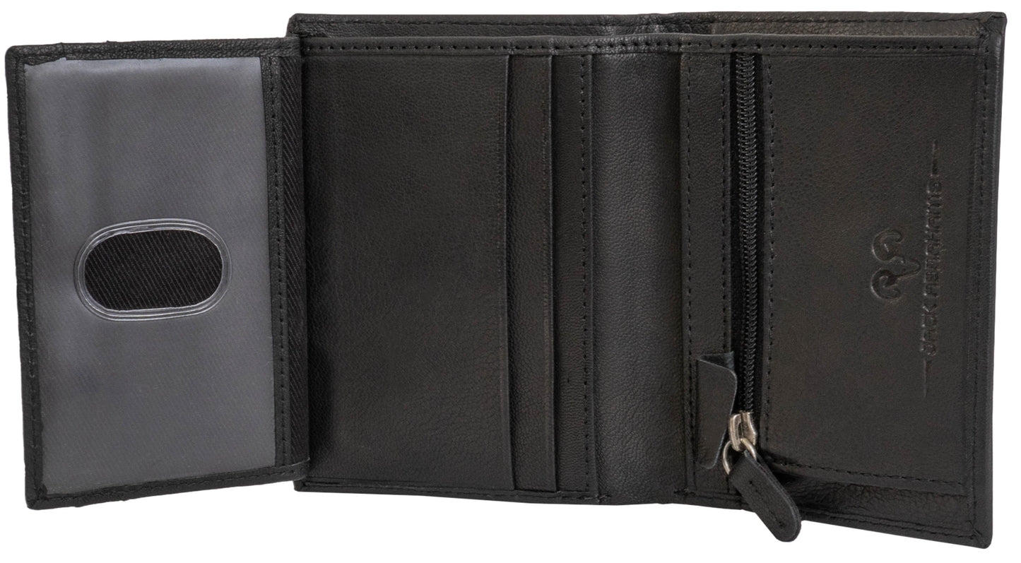 Jack Abrahams Goat Nappa Leather Bi-Fold Wallet with Zipper Pocket Black