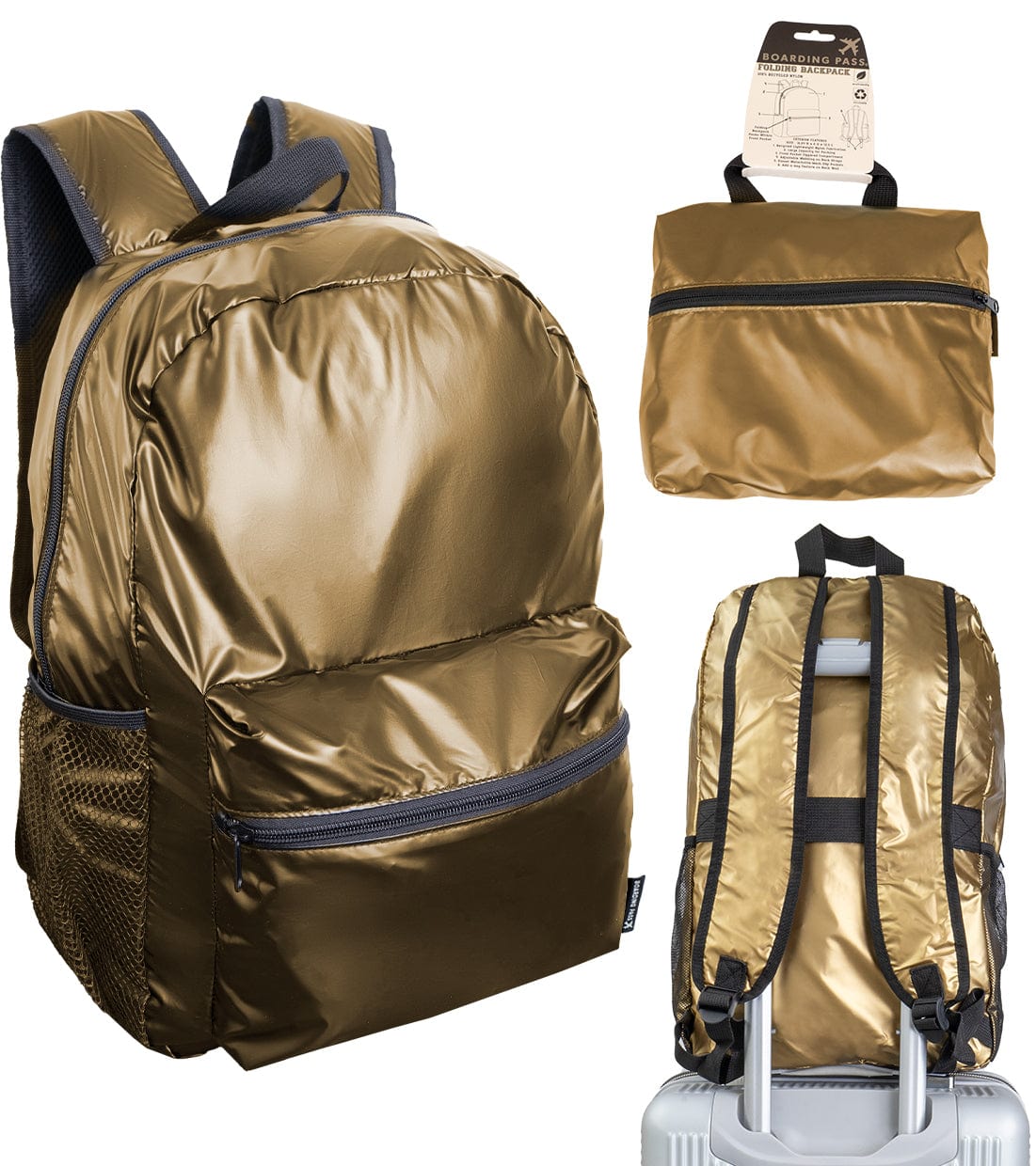 Boarding Pass Recycled Metallic Foldable & Packable Pouch Backpack